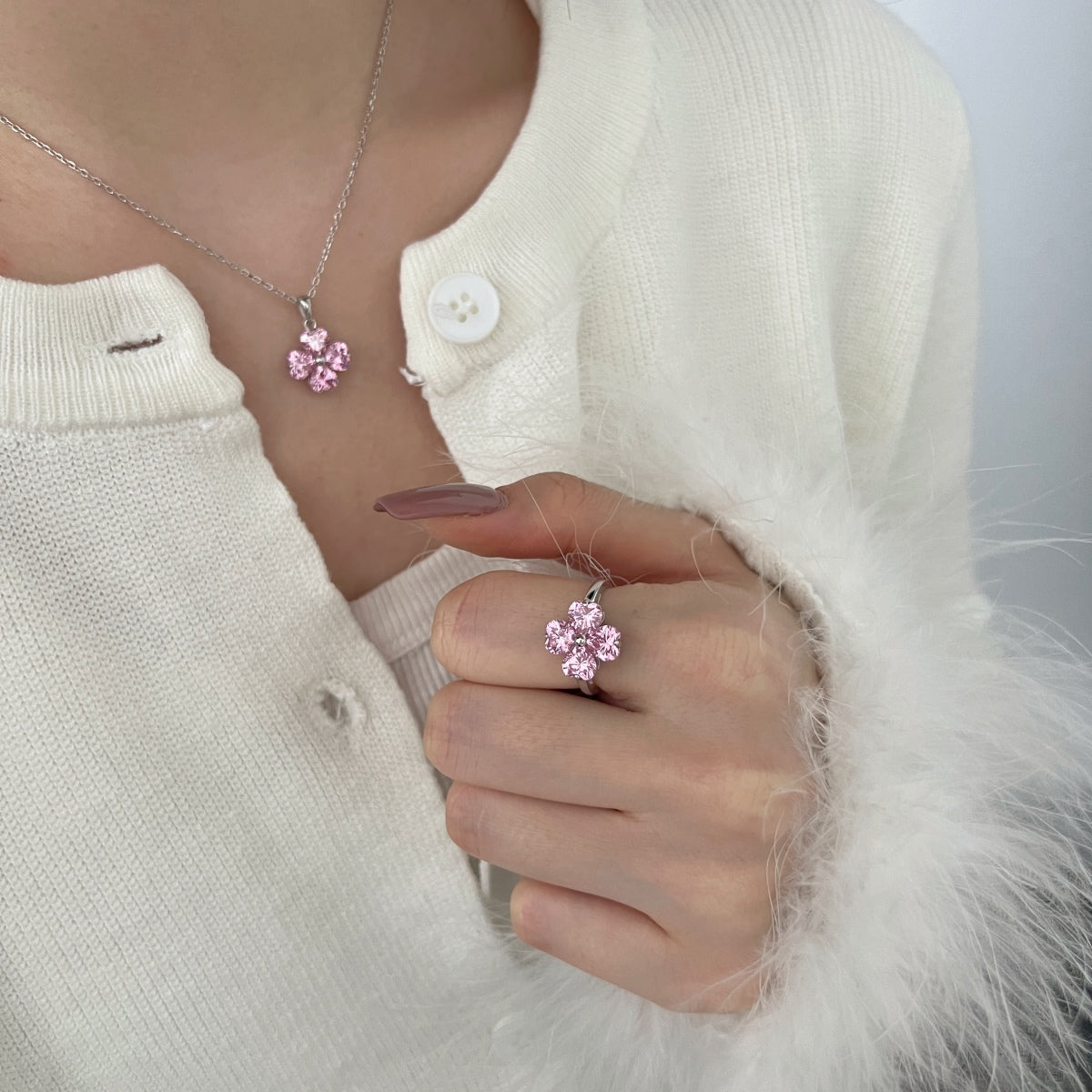 Pink Heart Clover Ring